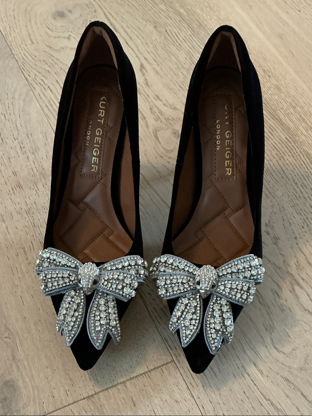 Kurt Geiger Black Pointed Flats with Crystal Bow